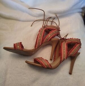 Giani Bini Size 10 Tan Pink Fringe Studded Lace-Up High Heel Sandals